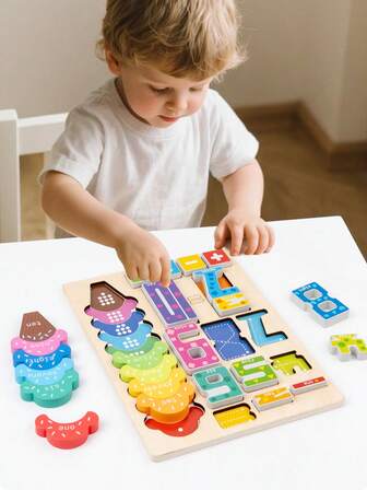 1 Set Kids Number Matching Game Board, 1-10 Number & Color Matching Game, Stacking Blocks + Math Operation Early Learning Educational Wooden Puzzle Toys, Suitable For Boys & Girls Aged 3-6 Years Old, Preschool Learning Aids