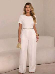 Women's Premium Tailored Set: Wide-Leg Trousers With Crease And Pockets, Cotton, And Short-Sleeved Blouse - Casual Fashion - 白色 - 查看 1