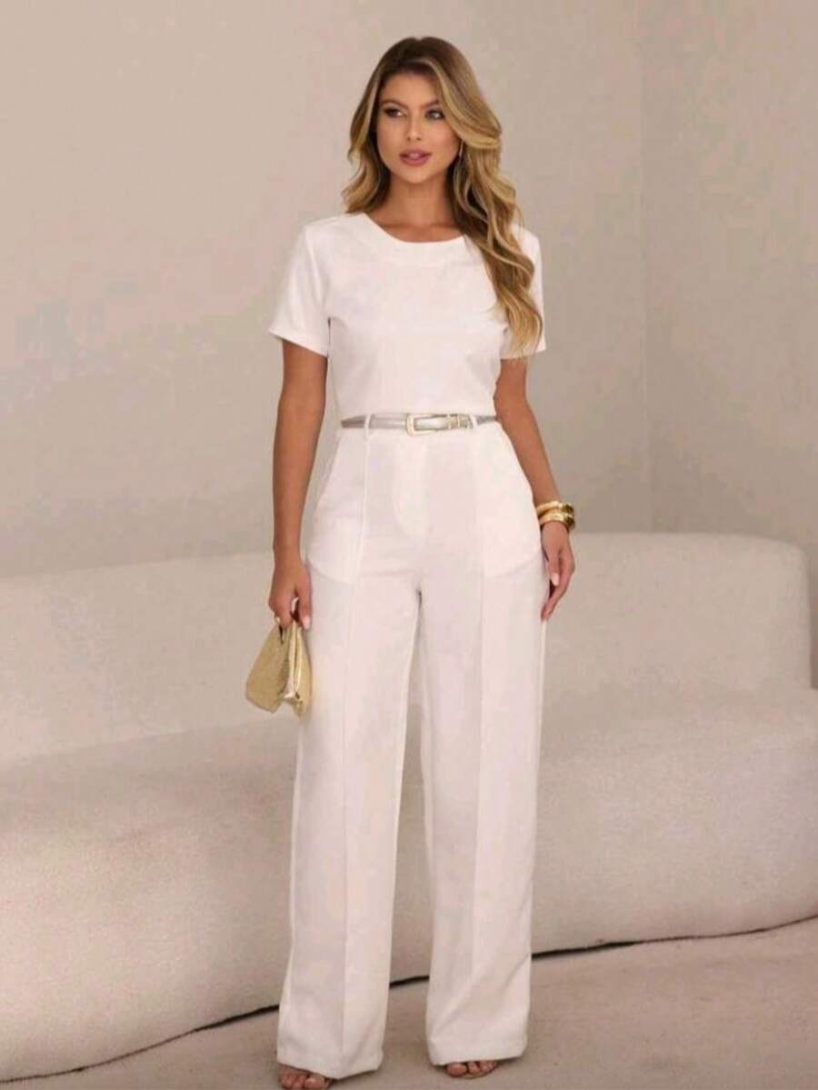 Women's Premium Tailored Set: Wide-Leg Trousers With Crease And Pockets, Cotton, And Short-Sleeved Blouse - Casual Fashion - 白色 - 查看 1