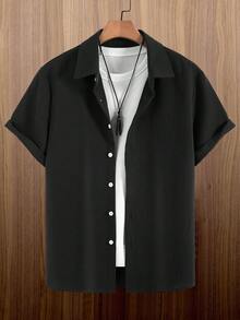 Men's Waffle Textured Single-Breasted Short Sleeve Solid Color Shirt, Spring/Summer - Black - View 4