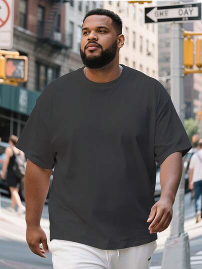 加大码男士休闲简约纯白色圆领短袖T恤，日常百搭