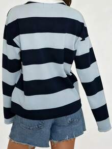 Women Striped Polo Rugby Shirts Y2k Long Sleeve Button Down Oversized Preppy Sweatshirt Vintage Collared Pullover Top - Blue - View 5