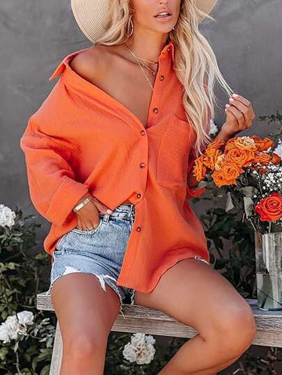 Plus Size Women Regular Length Shirt, Lapel Collar, Drop Shoulder Long Sleeve, Front Pocket Design