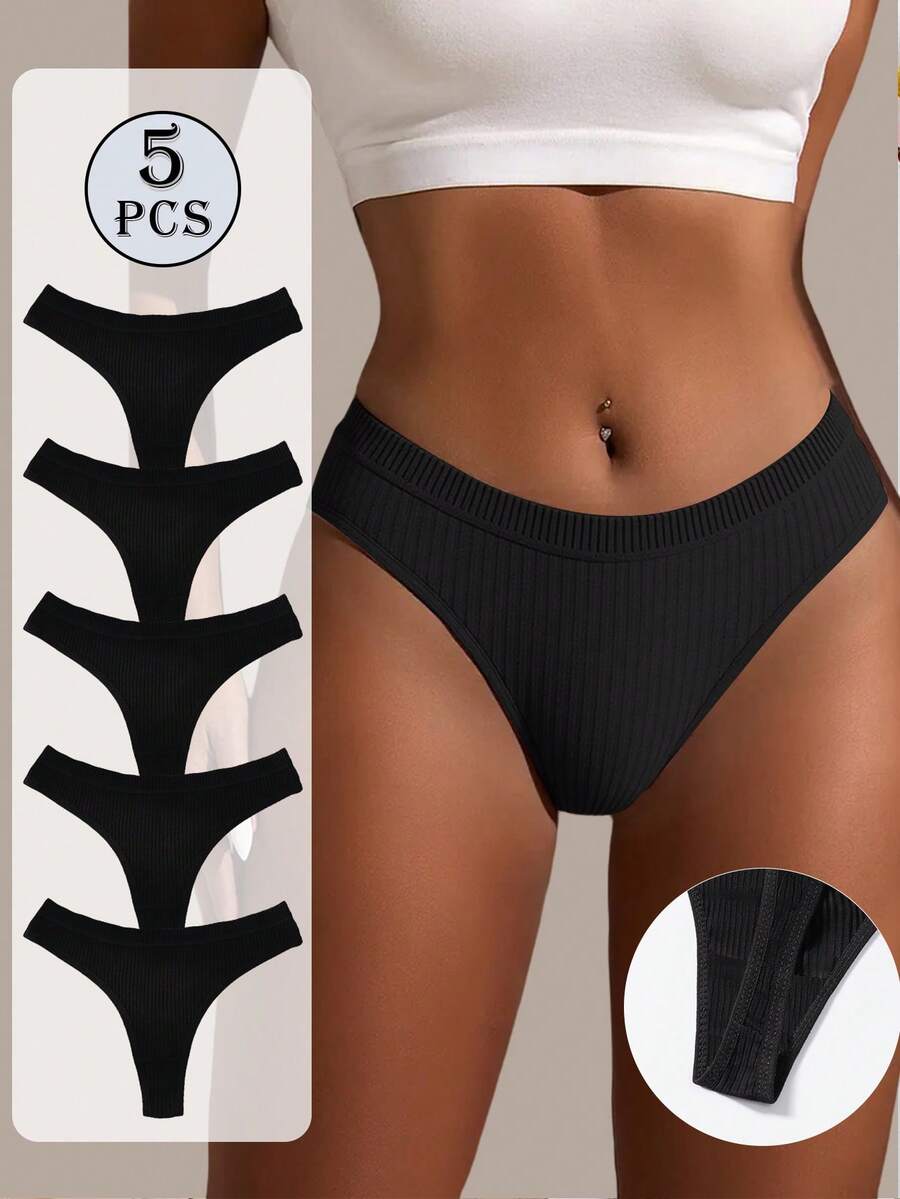 5条/包 女士性感高弹无缝丁字裤，柔软纯色低腰内裤，简约内衣 - 黑色 - 查看 1
