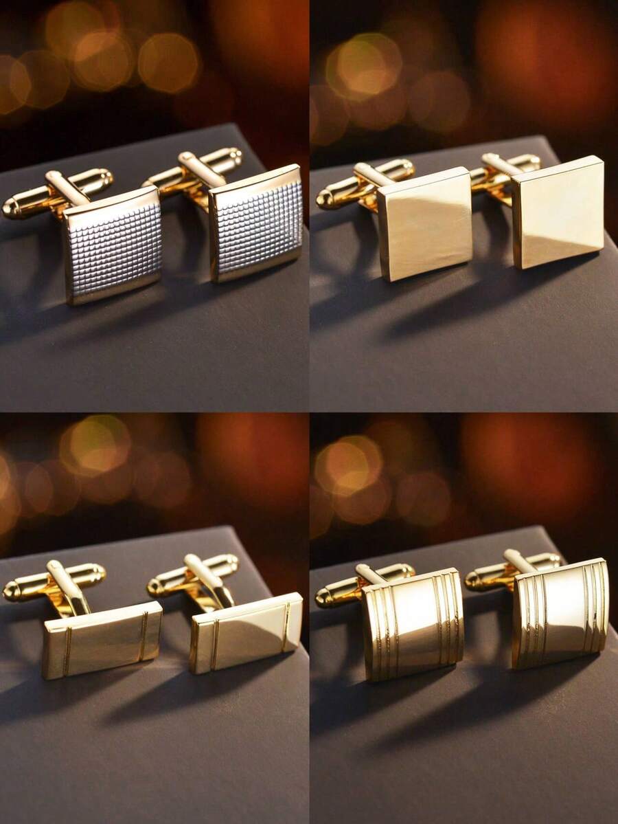 1 Pair Men's Elegant Gold-Tone Copper Cufflinks, French Style, Suitable For Weddings, Business, And Everyday Wear - Multicolor - View 1
