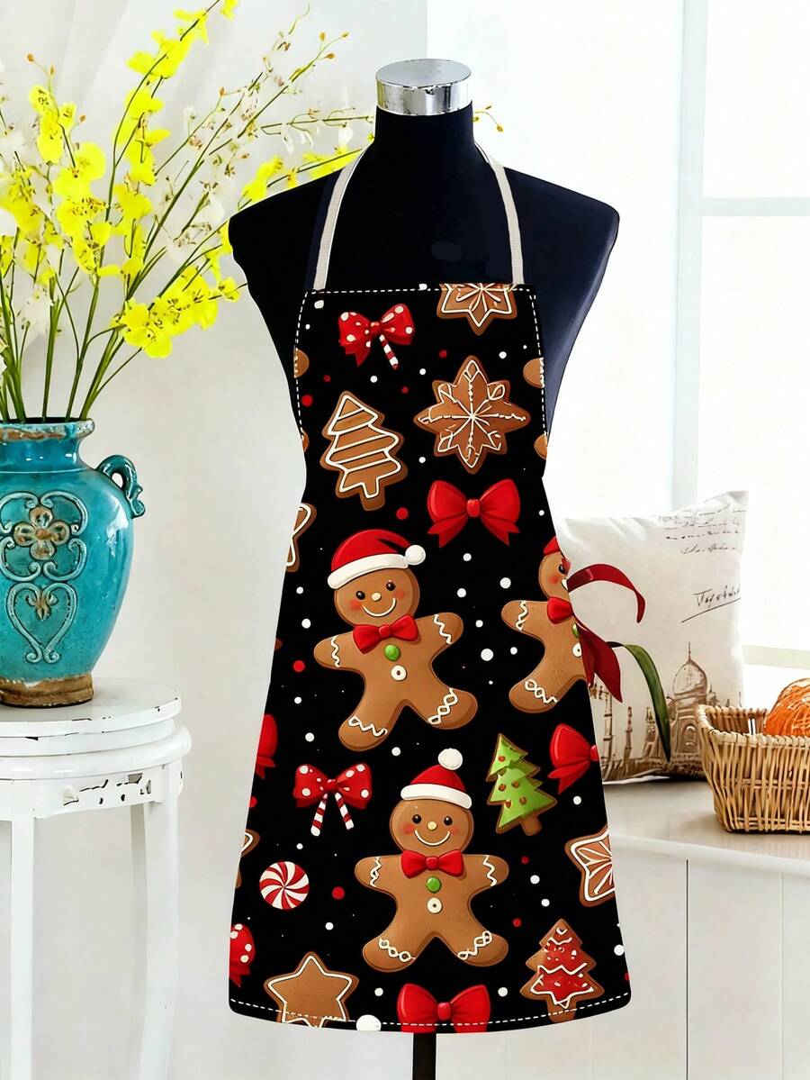 1pc Christmas Gingerbread Man Print Apron - Suitable For Home Kitchen Cooking, Baking, Grilling, Work Uniform, Gardening And Cleaning, Christmas Decor, Themed Dining