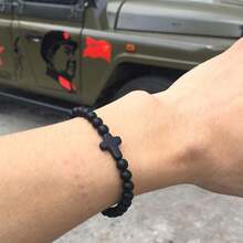 8毫米天然哑光玛瑙十字珠手链，弹性手链，宗教手环，男女皆宜 - 黑色 - 查看 8