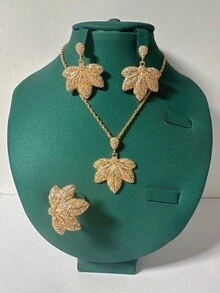 4pcs/Set Luxury Copper & Cubic Zirconia Leaf Design Necklace Set, Including Necklace, Earrings, Ring, Jewelry Suitable For Daily, Party, Banquet Wear, Great Gift - Gold - View 6