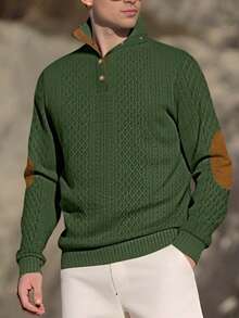 男士提花针织长袖上衣，秋冬简约立领汗衫，纯色套头T恤，男士长袖T恤，送给男朋友的节日礼物 - 墨綠色 - 查看 5