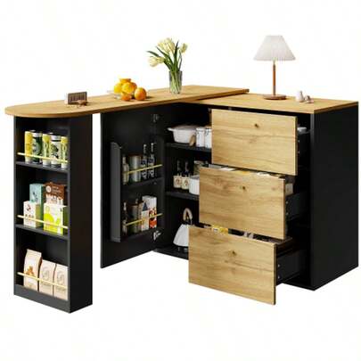 Extendable Bar Table With Storage (138-204*39*104cm), 360° Rotating Dining Bar, Modern Movable Bar Table, High Table Kitchen Island Bistro Table, Sideboard With Wood Grain