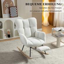 009B New Upholstered Rocking Chair In Woven Teddy Fabric With Retractable Footrest, White - White - View 3