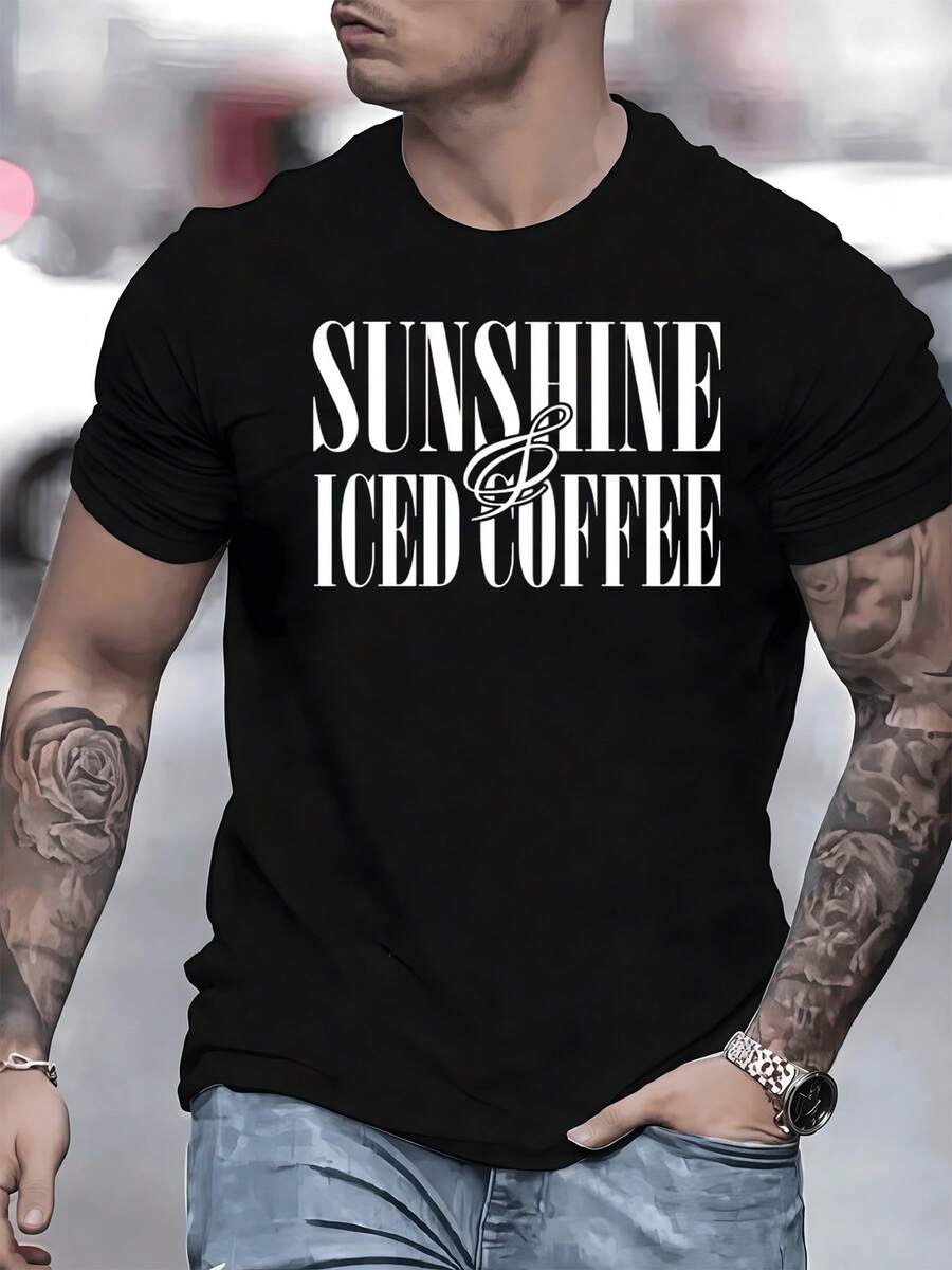 Phrases That Evoke The Warmth Of The Sun And The Freshness Of An Iced Coffee, Conveying Positive Energy And A Relaxed Style For Those Who Enjoy Moments Outdoors. Men's T-Shirt, 100% Cotton, 220g - 黑色 - 查看 1