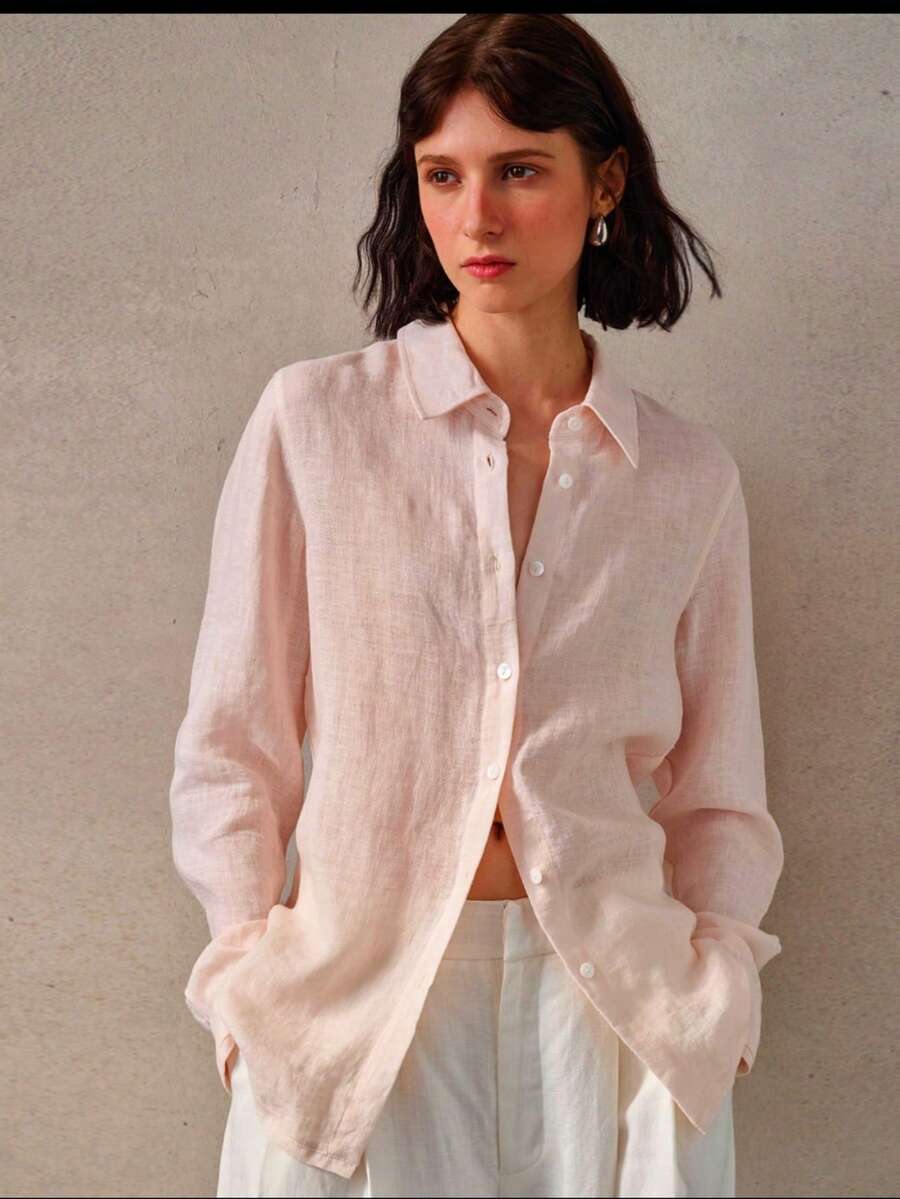 Women's Long-Sleeved Linen Shirt - 淺粉紅色2 - 查看 1