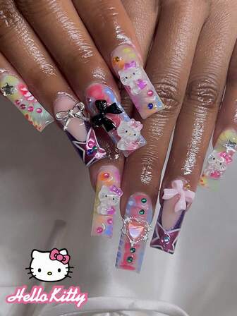  24 PIEZAS Uñas postizas largas y cuadradas con diseños de Sanrio, moños, Hello Kitty, estrellas tridimensionales y cromados de aleación. Incluye pegamento de gelatina y lima. Adecuado para uso diario, citas y fiestas de mujeres.