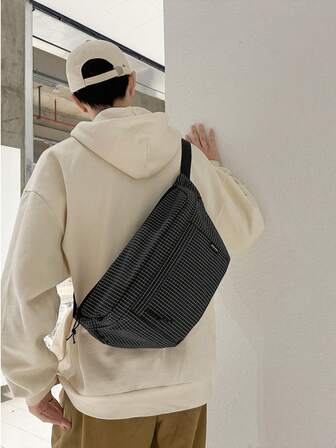 1件秋冬时尚黑色格子尼龙材质男士手提包/斜挎包/单肩包/手提包，配有可调节肩带，大容量收纳包/文件袋，适合购物、旅行、上学、通勤，可作为送给男友/女友的礼物，新年/圣诞节礼物。