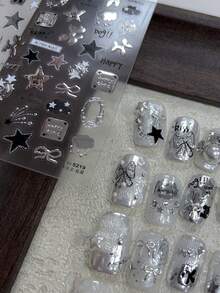 1片金属美甲贴纸，DIY手工美甲贴花，图案包括星星、月亮、苹果、五角星、涂鸦、可爱猫咪，甜辣Y2K风格美甲 - 灰色 - 查看 4