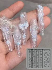 Molde de Silicone Esculpido para Arte de Unhas com Bola de Cristal, Bola de Pêlo em Forma de Floco de Neve e Laço, Alta Transparência, Adequado para o Inverno