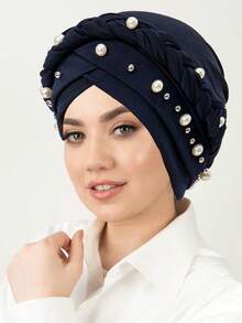 1pc New Milk Silk Solid Color Single Braid Cap With White Pearl, Muslim Turban Hat, Versatile For Daily Wear For Abayas Muslim Women - Multicolor - View 5