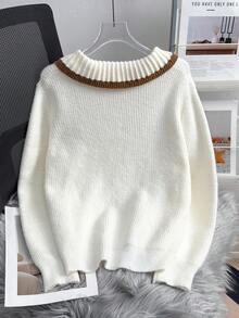女士彼得潘领毛衣，柔软罗纹针织套头衫，宽松休闲上衣，适合日常穿着，舒适百搭 - 白色 - 查看 2