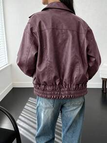 Women's Faux Leather Motorcycle Jacket  Fall Clothes Oversized Zip Up Winter Coat Outerwear - 蒟蒻紫 - 查看 2