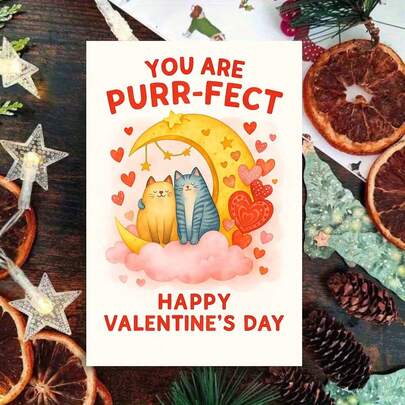 1张“你是月亮上的完美猫咪”情人节贺卡，附信封，可爱猫咪爱情设计，饰以爱心和星星，是分享温暖爱意和浪漫祝福的理想之选，非常适合送给朋友、同事和伴侣。