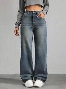 少女款蝴蝶刺绣水洗阔腿牛仔裤，日常穿着或上学皆宜 - 中等水洗藍 - 查看 2