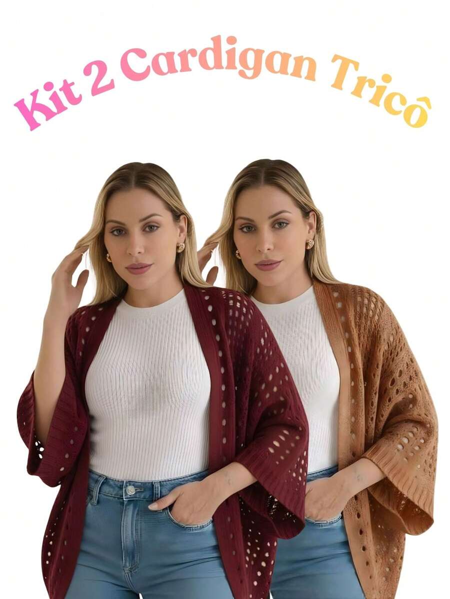 Set Of 2 Women's Cardigan Blouses, Knitted Cape, Openwork Knit, Autumn - Marsala/Copper - View 1