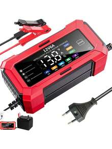 1个12V 6A智能液晶显示屏电池充电器，汽车电池充电器，适用于汽车、卡车、摩托车、割草机、船只等2-100Ah电池。具有电压检测、温度补偿、充满电自动停止功能，110V-240V~电源（欧规）。 - EU Plug - 查看 9