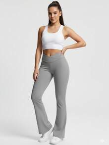 High Waist Flared Pants Daily Fitness Sports Leggings, Women Butt Lifting Yoga Leggings,Women's High-Waisted Cross Design Flared Leggings Suitable - 灰色 - 查看 2