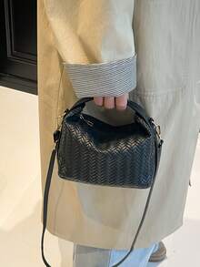 1 pieza Mini bolso con textura trenzada falsa en forma de caja, bolso bandolera de PU con correa ajustable y cremallera, bolso de mano de moda para uso diario, citas, compras, trabajo - Negro - Ver 5