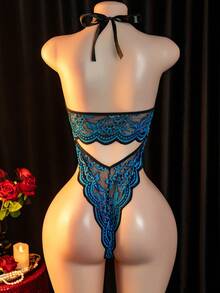 Sexy Lingerie Lace Bodysuit With Blue Embroidery Bow Detail And Open Back Design - Blue - View 2