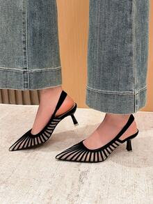Xin Jing Shoes 新款优雅女士高跟鞋，休闲性感时尚网面露后跟通勤约会中跟鞋，猫跟鞋 - 黑色 - 查看 5