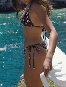 女士碎花系带性感露背开衩比基尼两件式泳衣，适合海滩、晚宴约会和夏季度假 - 咖啡棕 - 查看 2