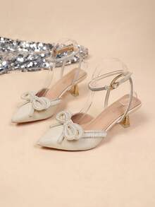 Women's Rhinestone Bow Tie Wedding Heels - Beige - View 5