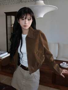 法式复古别致翻领夹克上衣，百搭通勤休闲短款外套，秋季新品 - 棕色 - 查看 3