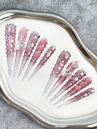 78MM Extra-Long Stiletto Nails French Press-On Nails - Pink Full-Cover Crystal Designs With 3D Heart & Bow Accents, Luxury Glitter False Nails For Dates, Parties, Gatherings, Outings & Special Events - 10 Pieces/Bag