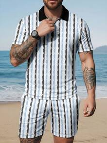 Men's Casual Striped Zip-Up Polo Shirt & Shorts Set, Summer - Multicolor - View 2