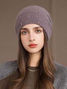 1 Stück Damen Warme Doppelschicht Gestrickte Mütze, Modischer Perlen Stirnband Ohrenschützer Beanie, Dicke Gestrickte Mütze für Mütter im Winter