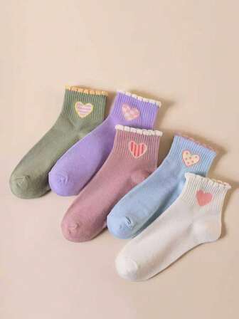 5 Pairs Women's Heart Print Mid-Calf Socks, Casual Cartoon Student Style Socks, Suitable For All Seasons