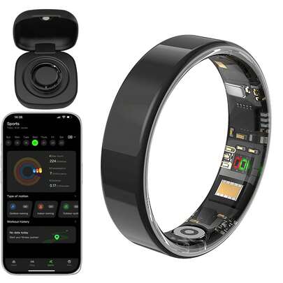 智能戒指带充电盒 - 防水健康追踪戒指，监测睡眠、心率和血氧，适合家庭使用，还能追踪步数和卡路里 - 时尚不锈钢设计，是送给朋友的完美生日礼物