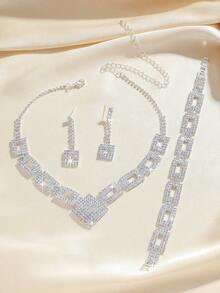 4pcs Rhinestone Embellished Sophisticated Versatile Necklace, Earrings And Bracelet Set, Suitable For Women's Daily Commute, Campus Dating, Wedding Party, Valentine's Day Holiday Gift - Silver - View 3