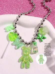 1条新款银色不锈钢串珠项链，配有色彩鲜艳的闪亮小熊、棒棒糖、蝴蝶、漂浮瓶、气球、小狗、爱心吊坠，适合作为女性夏季假日生日礼物，Y2K可爱派对DIY创意时尚配饰 - 彩色 - 查看 3