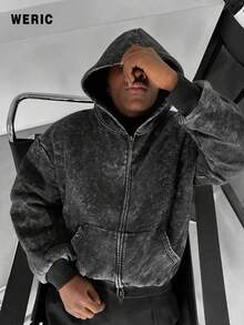 Men's Streetwear Style, Distressed Finish, Black Hooded Sweatshirt With Pockets And Zip-Up Design, Suitable For Everyday Casual Wear - Black - View 1