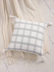 1 Stück/2 Stück Leinen Jacquard Dekorative Kissenbezüge, kariertes geometrisches Muster für Wohnzimmer, Schlafzimmer, Landhausstil Heimdekoration mit Quasten - Grau - Übersicht 7