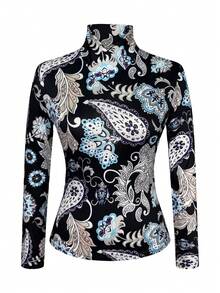 复古佩斯利花纹高领修身长袖上衣，柔软弹力面料，百搭复古风印花女式衬衫，适合春季穿着 - 彩色 - 查看 4