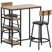 HOMCOM 3-Piece Bar Table And Stool Set, Including A Kitchen Table, 3 Shelves, And 2 Bar Stools. Modern Style. Ideal For The Dining Room And Kitchen. Steel And Oak Finish. - Khaki - View 1