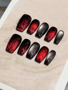 10 piezas de uñas postizas de color rojo vino con ojos de gato brillantes con diseño de rosa pintado a mano, uñas negras, forma trapezoidal larga para uso diario y Halloween, unicolor desmontable, adecuado como regalo para damas y niñas