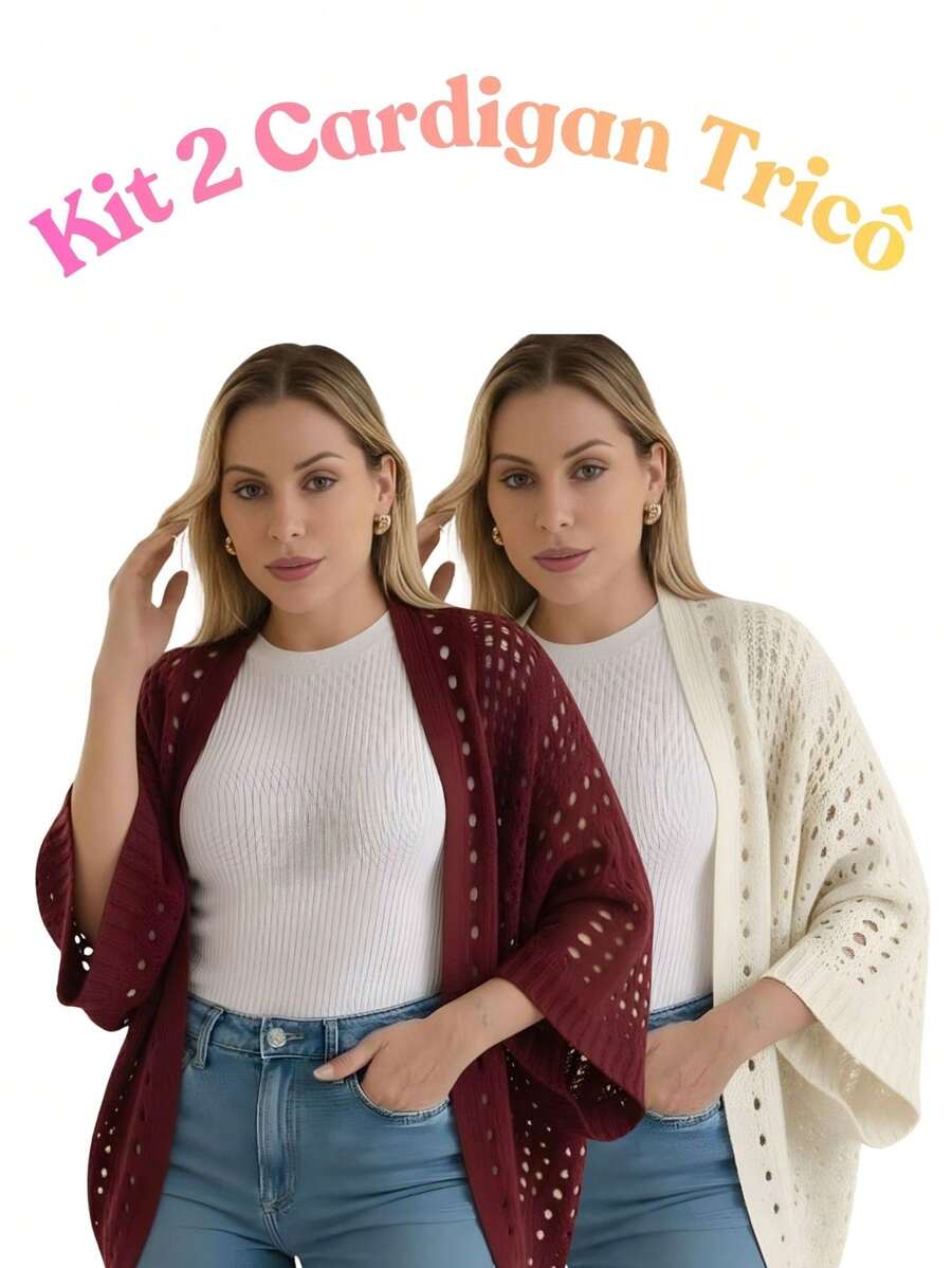 Set Of 2 Women's Cardigan Blouses, Knitted Cape, Openwork Knit, Autumn - 瑪薩拉/關閉 - 查看 1