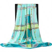 Women's Large Square Satin Scarf 90x90 Chic Polyester Printed - Green / Green - View 4