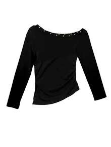 Korean Style Chic Asymmetric Shoulder Ruched Rivet Sexy Long Sleeve T-Shirt Top, Spring - Black - View 2